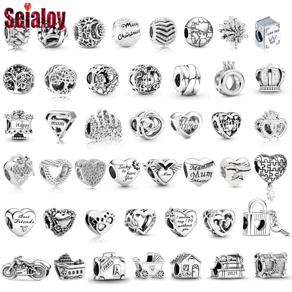 Seialoy 2pcs/lot Silver Color Heart Beads Lock & Key Charm Tree Of Life Star & Crown Beaded Fit DIY Bracelets Accessory