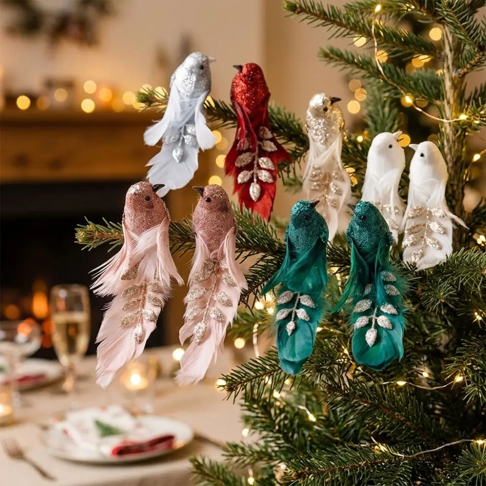 1 Pair Glitter Artificial Feather Bird Ornament Sparkling Powder Long Feather Tail Simulated Bird Decoration Realistic