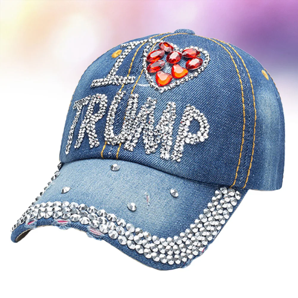 Trump 2020 Baseball Denim Sun Hat Rhinestone Presidential Election Headdress Peaked (Blue I Love Trump)