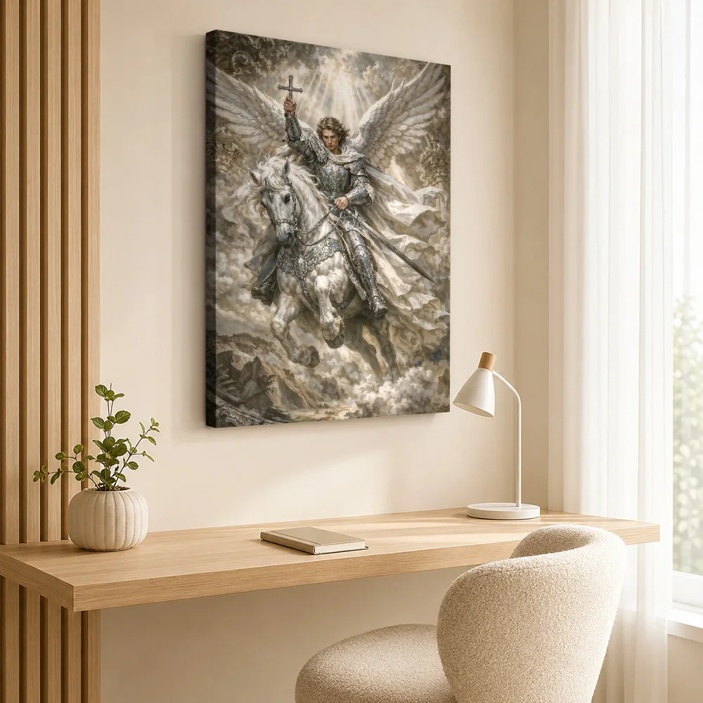 Archangel Michael Divine Warrior On Horseback Framed Canvas Poster Personalized Spiritual Mythology Wall Art for Bedroom Decor