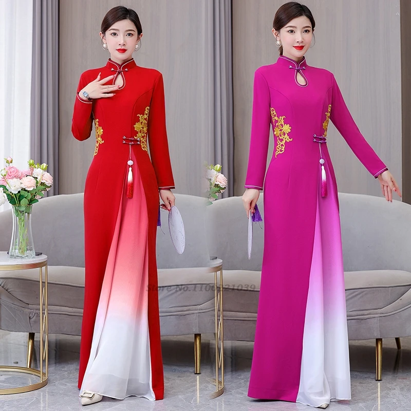 

2025 vietnam traditional dress aodai chinese improved qipao national flower embroidery cheongsam stage performance a-line dress