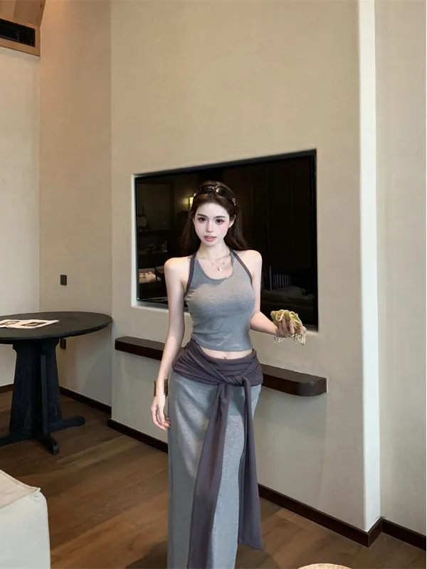 Color Blo ort Crop Top And Skirt Set for Women Summer Design Sense Hanging Ne Strap Vest ter f Body Skirt Two Pie...