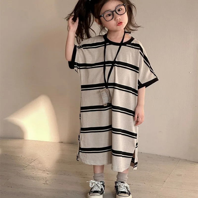 Vestido de verano para niños de 1 a 9 años, ropa a rayas de manga corta para niñas, vestido de princesa informal holgado, ropa de estilo de vacaciones