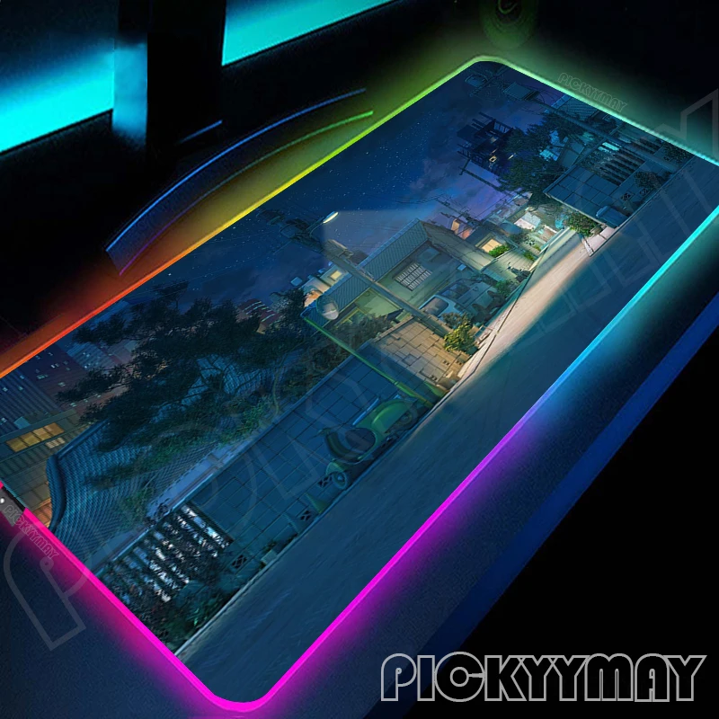 Anime Street Scenery Large RGB Gamer Mousepad Mouse Mat Gaming Mousepads LED Keyboard Mats Luminous Desk Pads Mouse Pad For PC