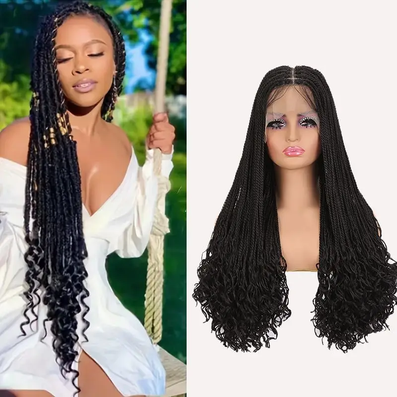 New African Black 28-inch Braided Wig Front Lace Wig Chemical Fiber Double Braid Three Braid Headgear