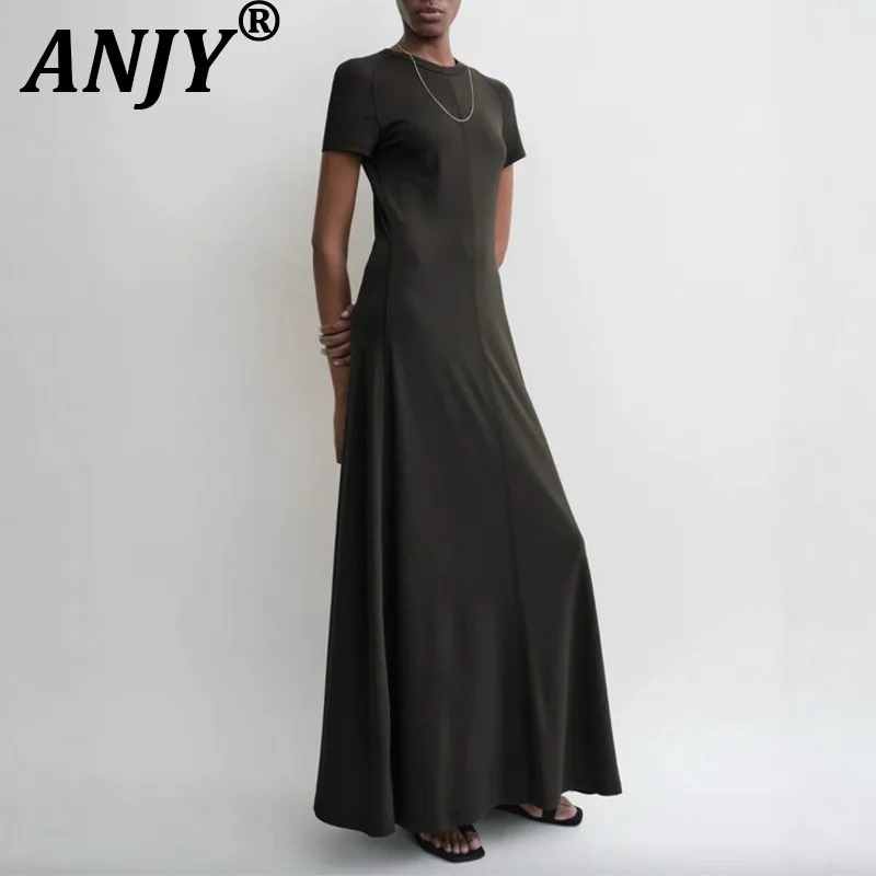

ANJY Summer New Women Dark Style Simple O-Neck Short Sleeve Long Dress Elegant Fashion Solid Color Draped Casual Dresses A22401