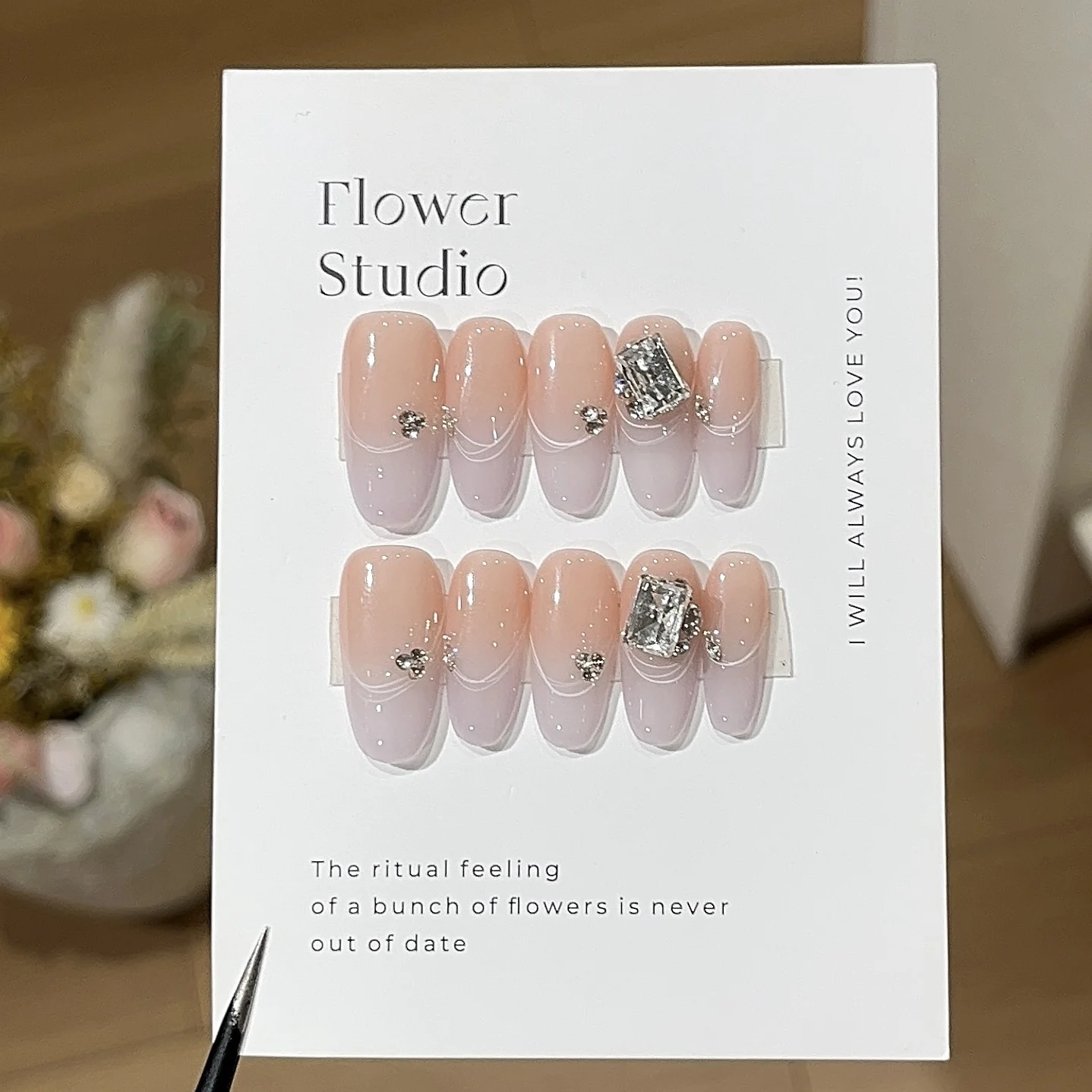 

10Pcs Short Press On Nails Handmade Summer Pink Fake Nails Art With Square Crystal White Lines Purple French False Tips Resuable