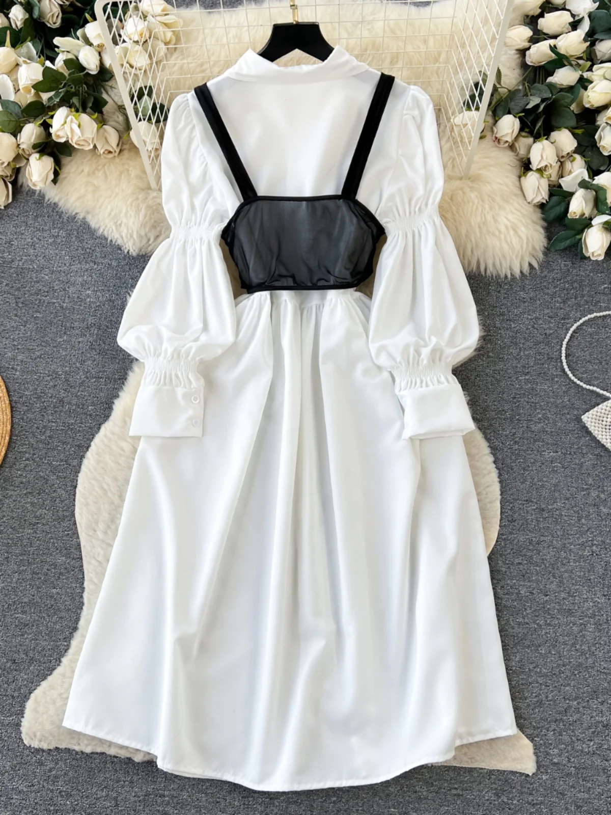 E Vestido Csero con Mangas Abullonadas, Ropa Exterior para Mujer, Cseta sin Mangas, Conjunto de Dos Piezas Antie...