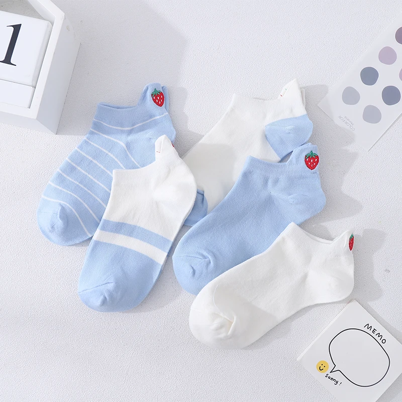 5 Pairs Women Casual Ankle Socks Kawaii Embroidery Strawberry Spring Summer Cotton Solid White Light Blue Striped Short Socks