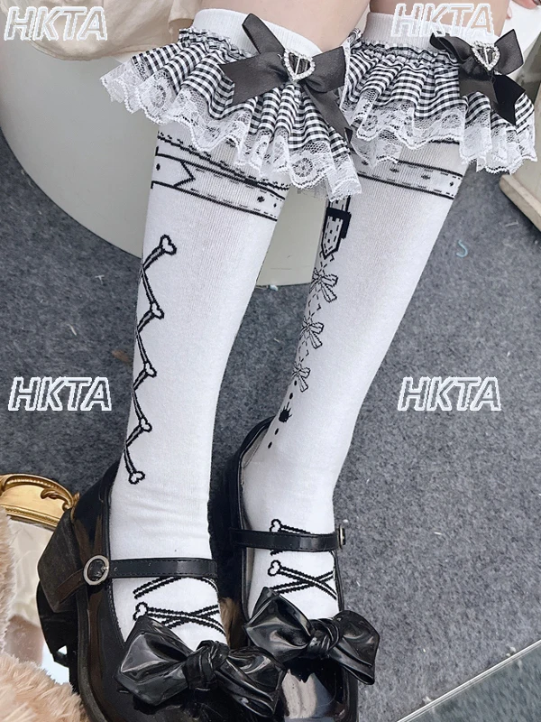 

Original Lolita Socks Plaid Lace Heart Stockings Japanese Sweet Lace Girl College Style White Cotton Socks Women Knee-High Socks