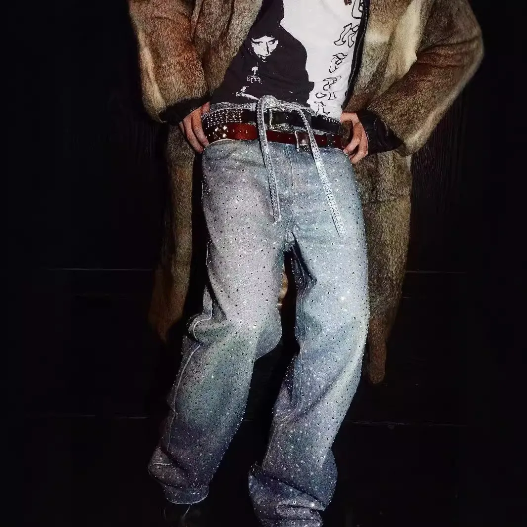 Washed Wide Leg Jeans Loose Fit Printed Denim Belt with Rhinestones mid Waist Cotton Casual Straight Cut Non-Stretch