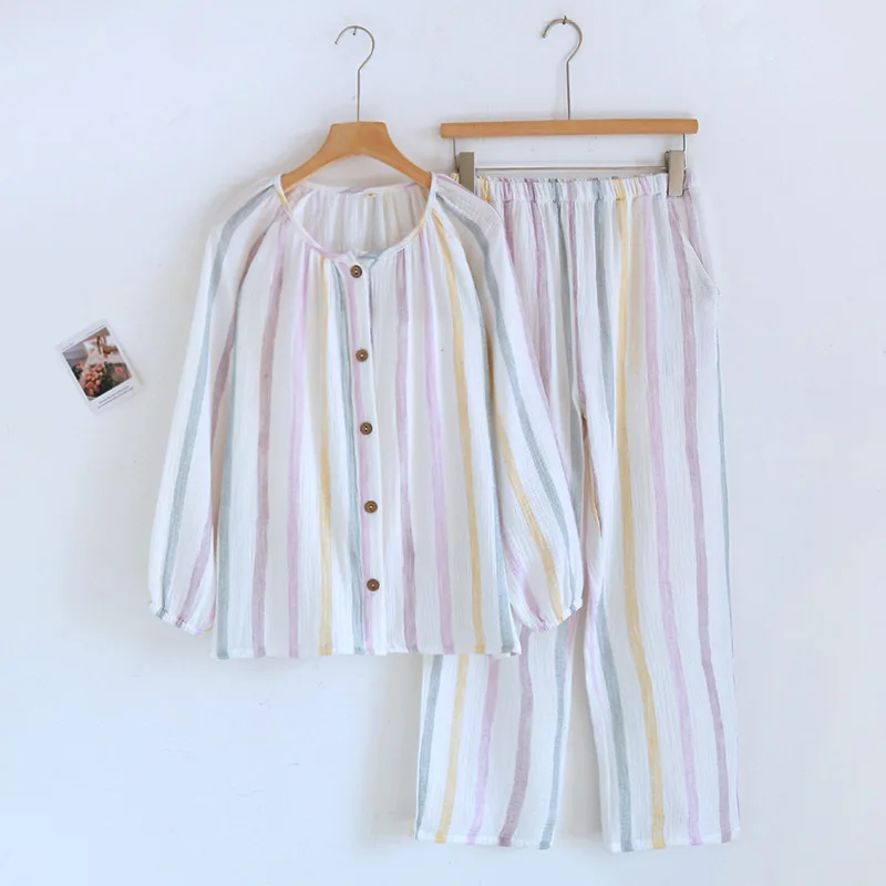 100% Cotton Women\'s Pajamas Set Striped Autumn Winter Sleepwear Home Clothes Casual Long Sleeve Trousers Sets Pijamas De Mujer