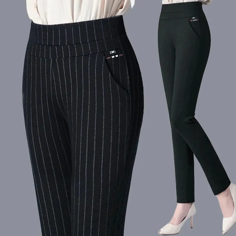 2024 Autumn/Winter Casual Elegant Office Lady Pencil Pants Thin Thick Fleece Women\'s Slim Solid Color Elastic Waist Tight Pants