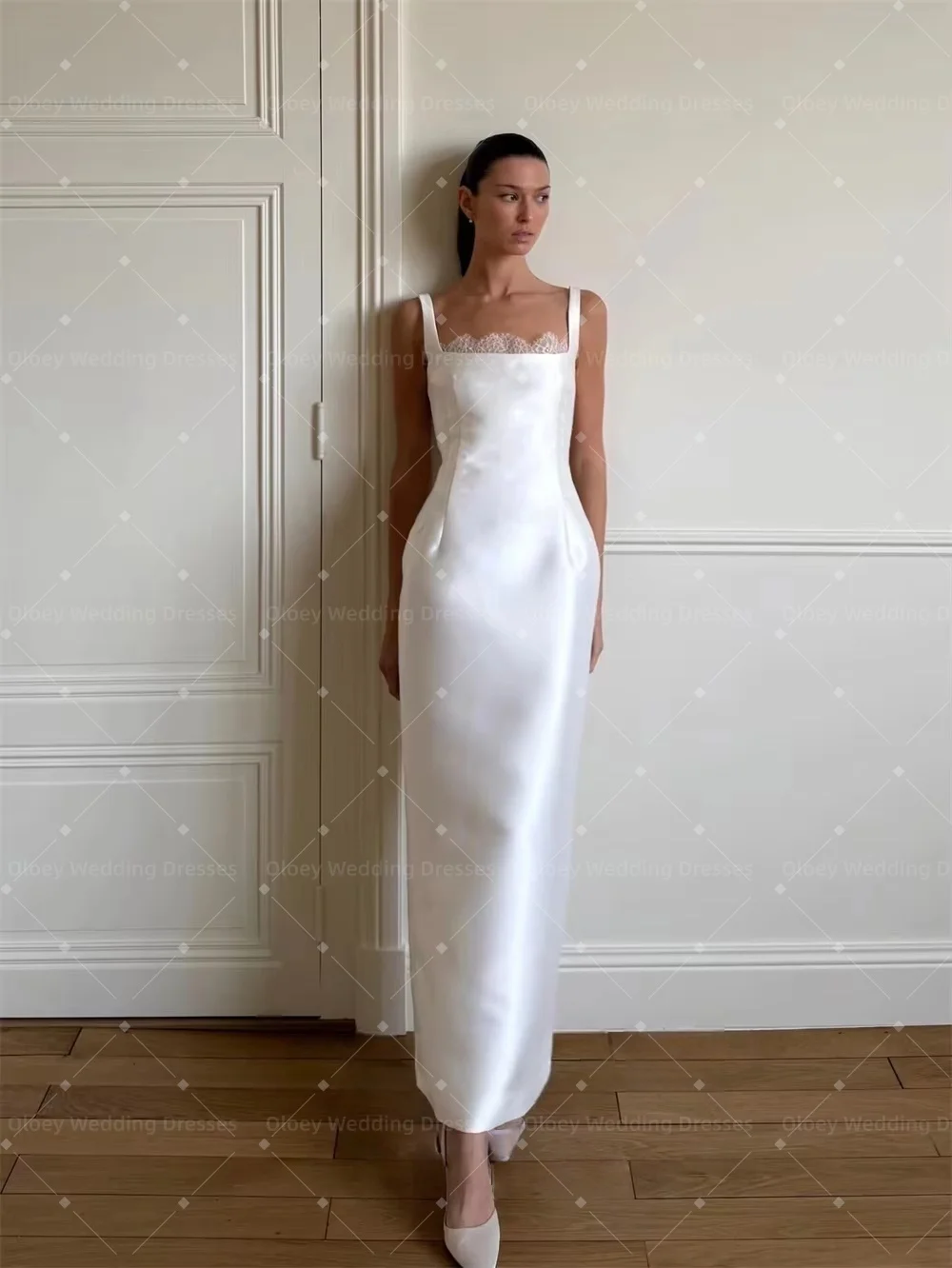 OLOEY 2026 Elegant White Square Collar Customized Wedding Party Sleeveless Satin Mermaid Bridal Gown Ankle-Length Wedding Gown