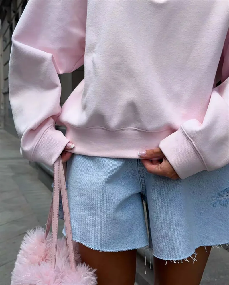 Fashion Women Pink Sweatshirt American Vintage  Pullover Top 2025 New Loose Half Zip Letter Embroidery Outwear