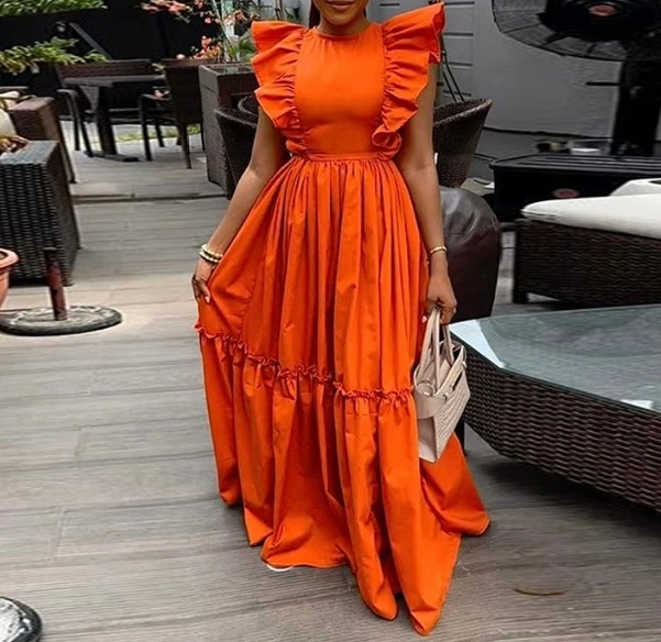 

Women's Fresh Dress 2024 Spring Summer Latest Solid Color Ruffle Edge Short Sleeved Round Neck with A Waistband and Long Skirt