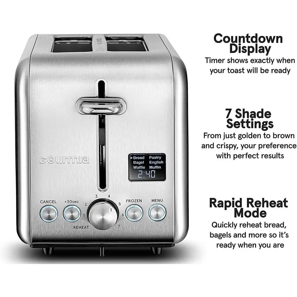 Digital Toaster with 5 Functions Toast Bagels Waffles Pastries 7 Shade Settings Countdown Timer Rapid Reheat ETL Certified