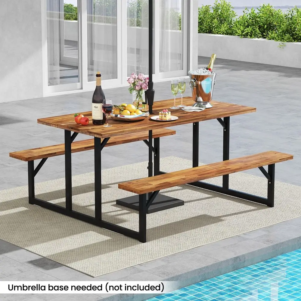 6Person Acacia Wood Picnic Table, Outdoor Rectangular Table and Bench Set with 2 Builtin Benches, Umbrella Hole amp Metal Frame