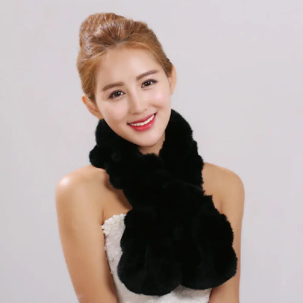 Women Real Rex Rabbit Scarf Collar Winter Warm Neckerchief Wraps Ruffled