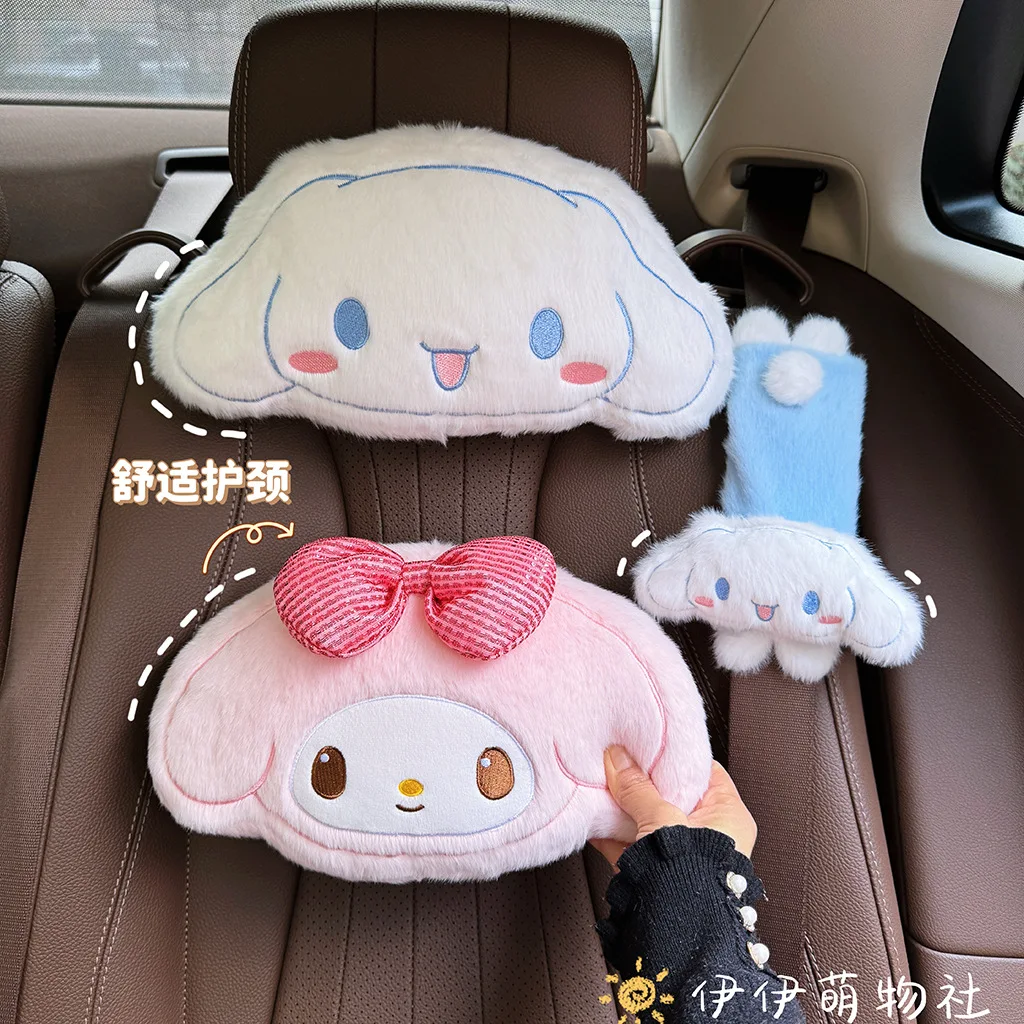 

Sanrio Melody KT Car Headrest Pillow Plush Doll Neck & Lumbar Support Cushion Adjustable Car Seat Pillow Seat Belt Cover