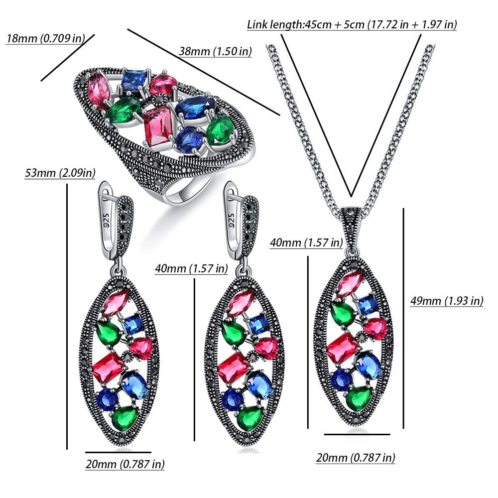 Ajojewel Silver-color Vintage Necklace Ring Earrings Large Jewelry Sets For Women With Green/Red/Colorful Crystals Gift
