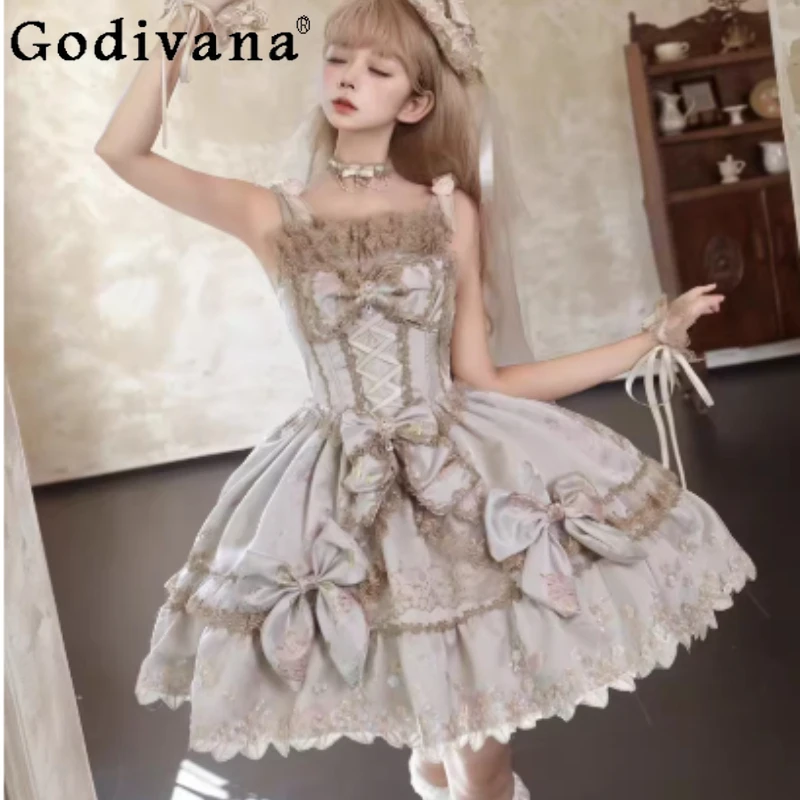 

Spring Summer Elegant Lolita Fish Bone Ballet Jsk Dress Fashion Girl Age Reduction High Waist A-line Suspender Princess Dresses