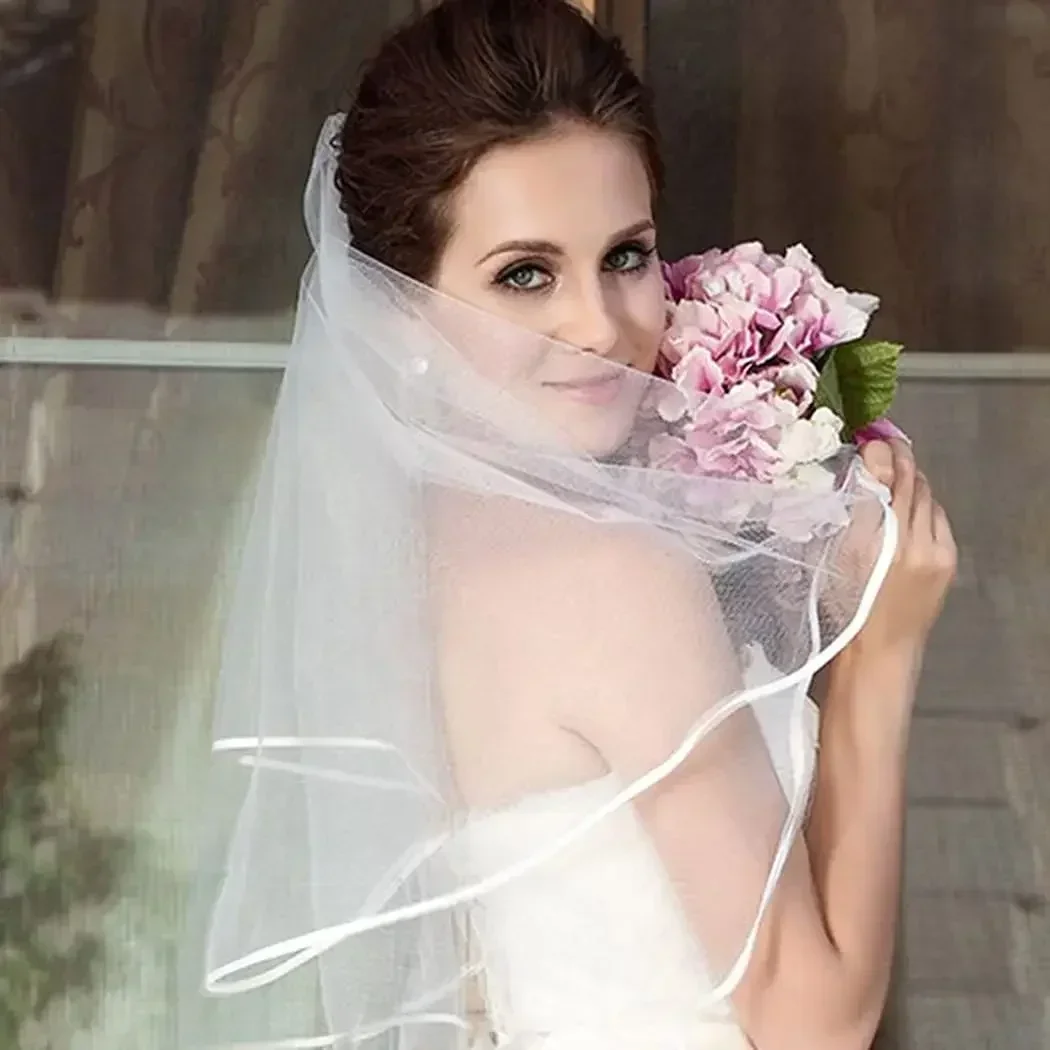 

Свадебная фата с расческой, фата из тюля с краями ленты для невест, двухуровневая, длина кончиков пальцев, 11,8/15,7 дюймов