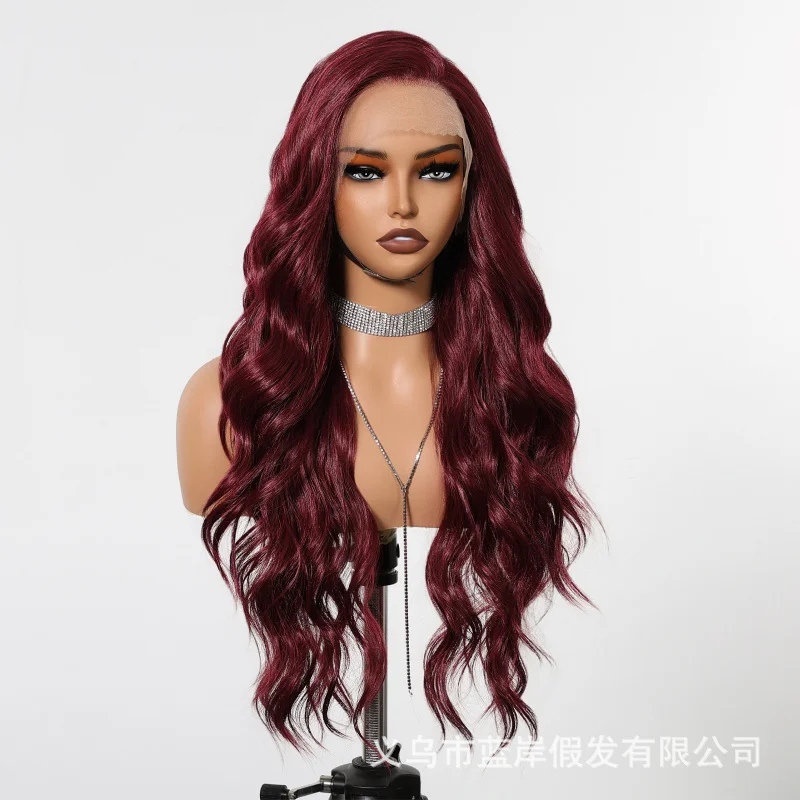 New 13*6 large-area lace wig, imported matte high-temperature fiber, burgundy color, freely partable long curly hair