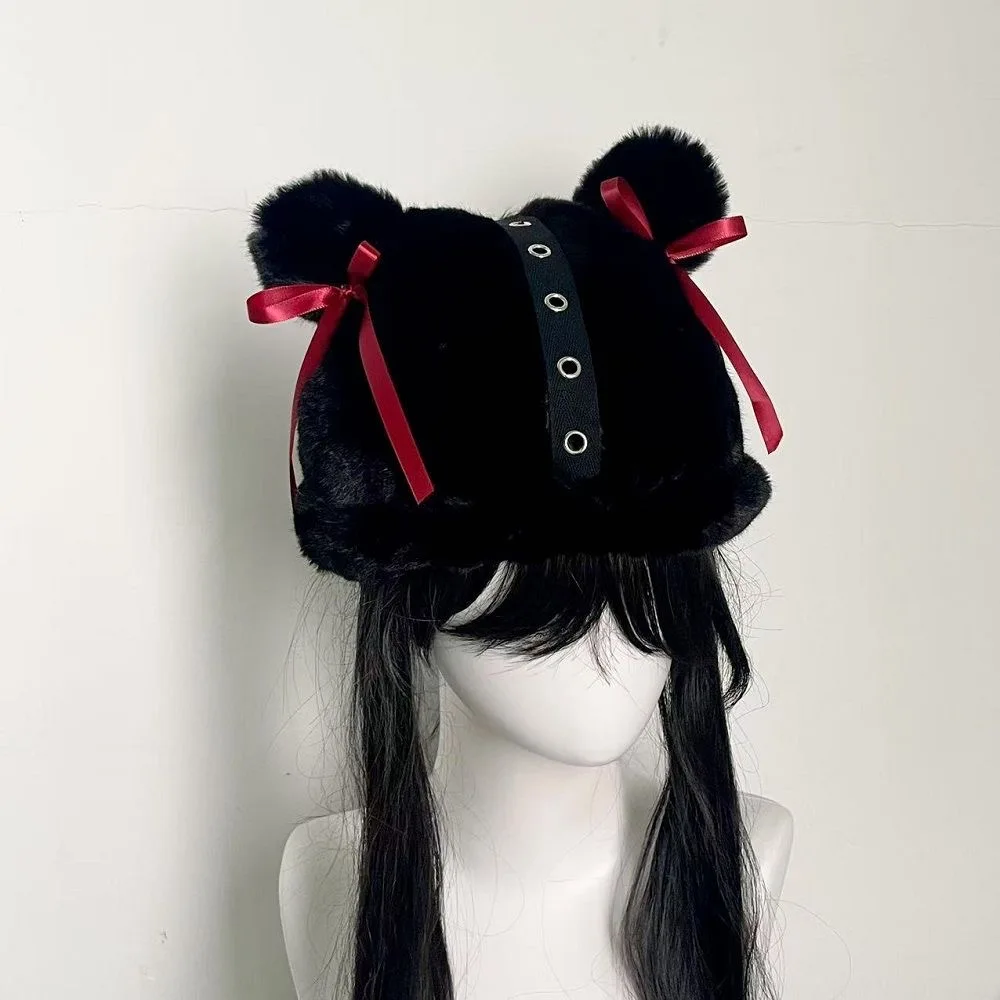 Japanese Cute Cartoon Plush Bear Ears Beanies With Bowknot Cap for Women Autumn and Winter Casual Warmth Personality Hats