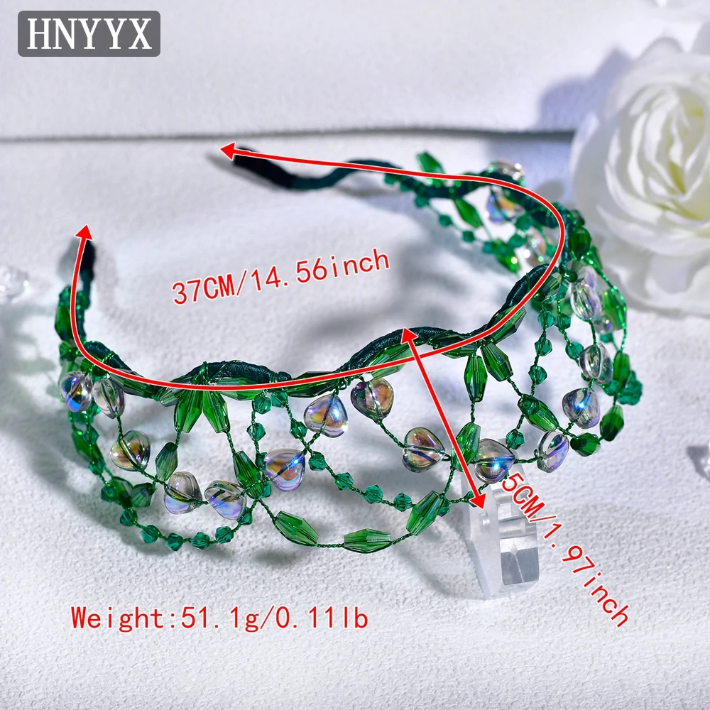 HNYYX Green Luxury Crystal Headband Beaded Braided Hair Band Women Handmade Wedding Headpieces Party Hair Accessories A318