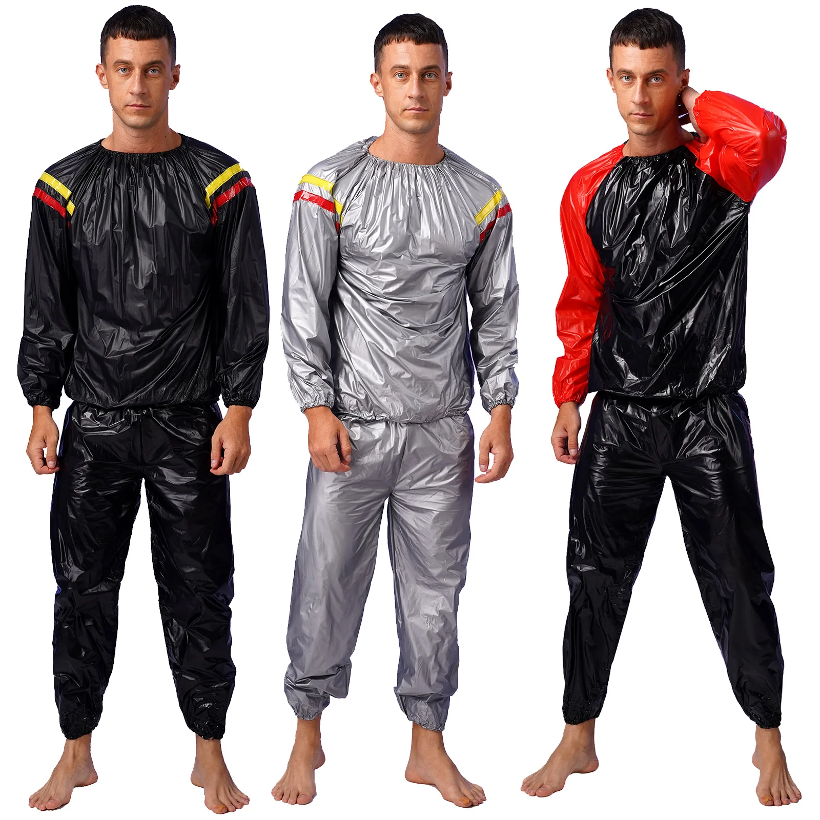 Mens Womens  Fitness Gym Workout Outfits Weight Loss PVC Sauna SuitContrast Color Stripe Long Sleeve Top with Pants