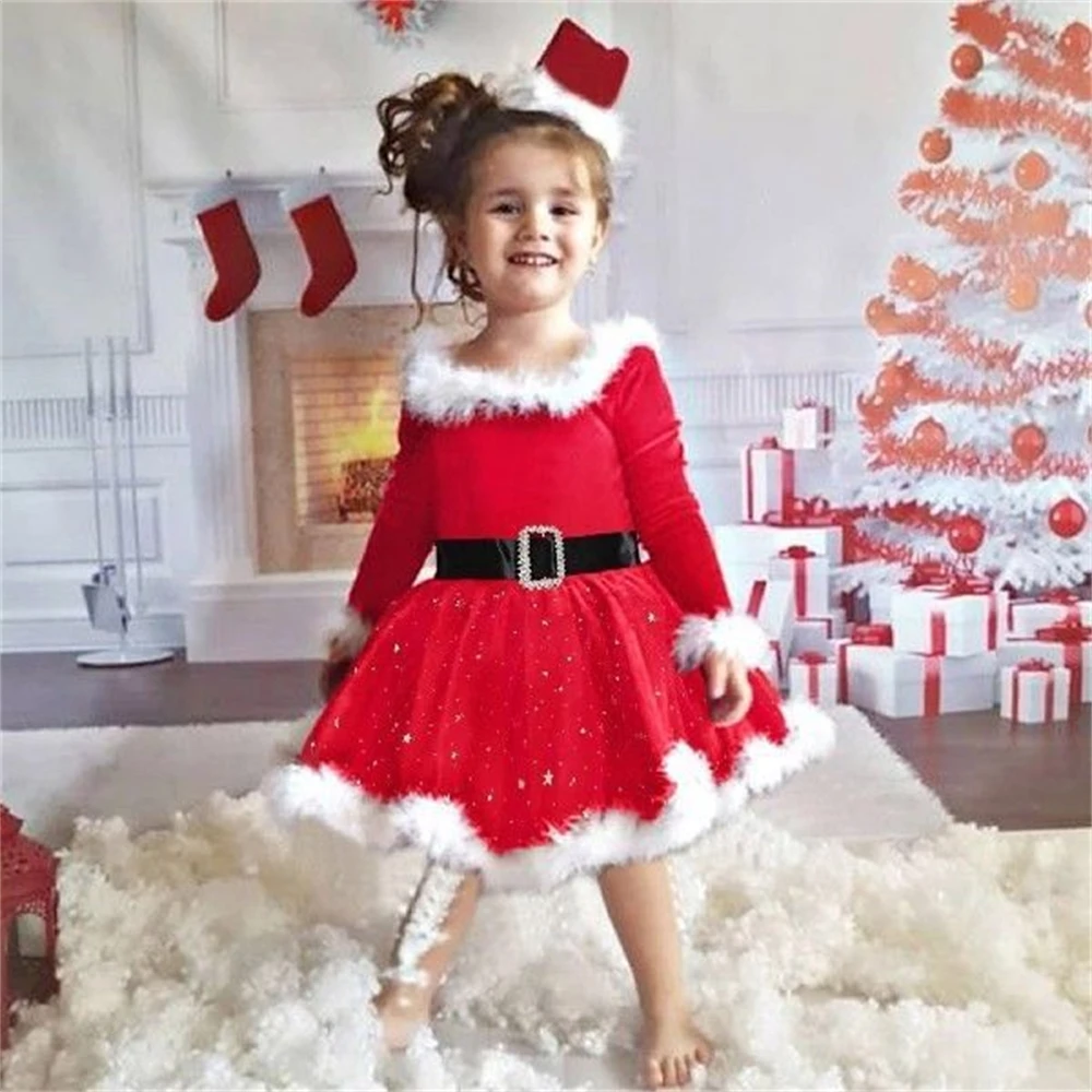 Toddler Girl Christmas Dress Long Sleeve Sequins Tulle Dresses for Girls Winter Clothes with Santa Claus New Year Costume