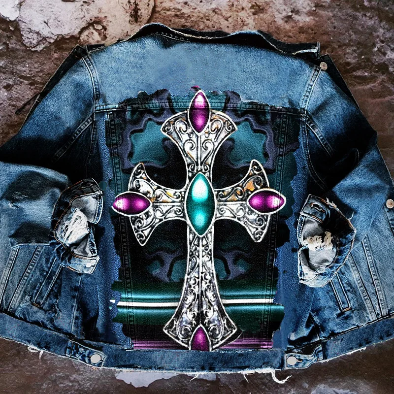 Stylewomen's Denim Jacketwomen's New 2022 Spring And Autumn New Street INS Color Cross Personality Printing Lapel Denim Jacket F