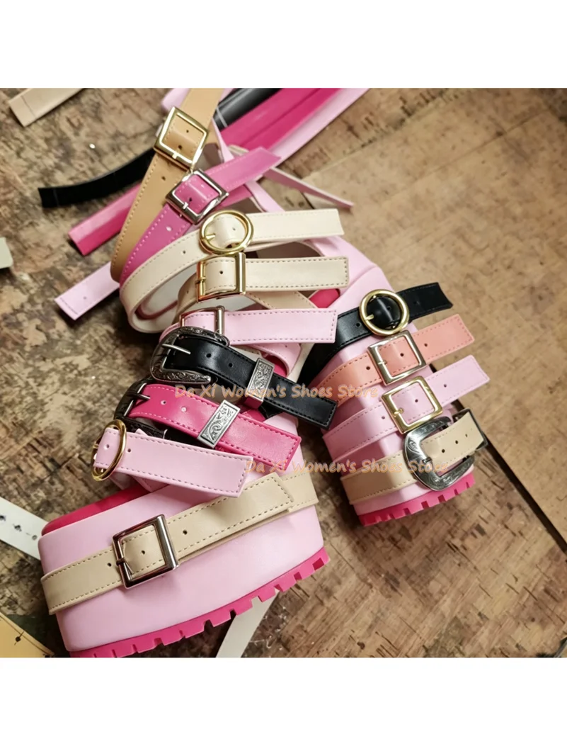 Color Thick Band Combination Platform Rome Sandals Punk Style Belt Buckle Buckle Tall Sandals Role Playing Rave Party  Footwear view 5