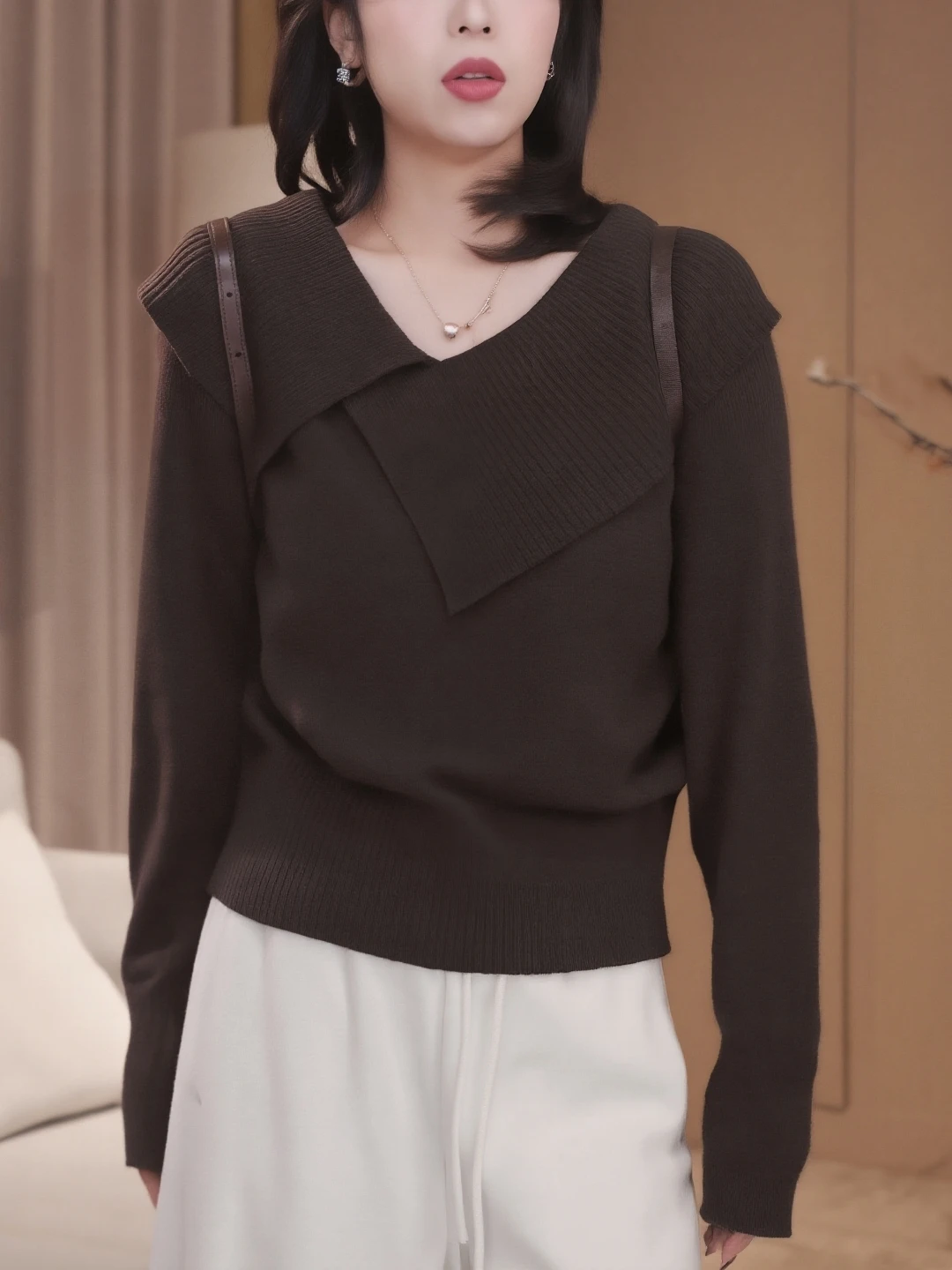 

Slimming Coffee Colored Knitted Sweater with Asymmetrical Large Collar for Women Korean Style Commute Warmth Long Sleeve