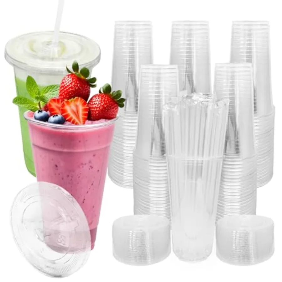 

200 SETS] 32 oz Cups with lids Plastic cups with lids and straws iced coffee cup suitable for takeout iced coffee cold drinks s