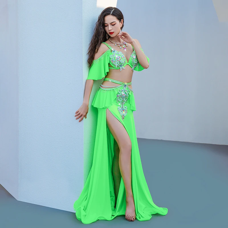 Costume de danse du ventre pour femme, soutien-gorge de charbon senior imbibé, jupe longue en satin, performance financière, tenue de compétition