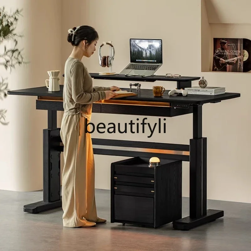 

Height Adjustable Desk Solid Wood Black Study Double Home Computer Desk Electric Smart Study Desk