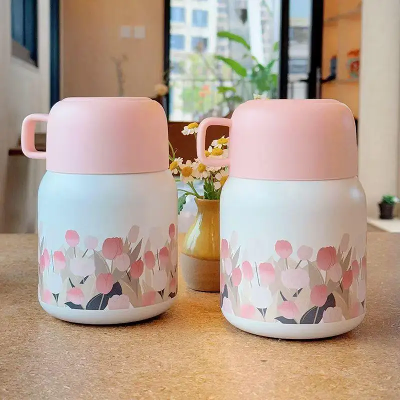 Copo Térmico Portátil de Aço Inoxidável para Uso no Escritório, Copo Tulipa para Cozimento Lento, Copo Térmico Prateado para Sopa e Uso Doméstico, Copo Térmico Portátil para Almoço