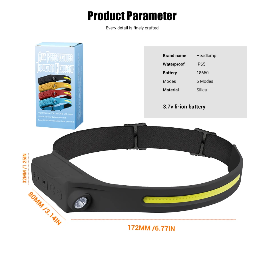 Powerful COB LED Sensor Headlamp Rechargeable Head Flashlight 5 Lighting Modes Headlight Head Torch for Outdoor Fishing Camping