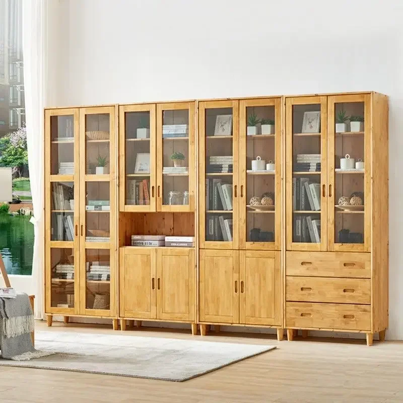 

Nordic solid wood bookcase, locker, cypress bookshelf with glass three-door bookcase, whole wall shelf, dust-proof