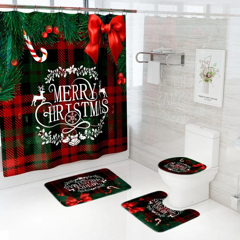 4pcs/Set Christmas Shower Curtains Snowman Christmas Tree Xmas New Year Bathroom Decor Non-slip Rug Bath Mats Toilet Lid Cover