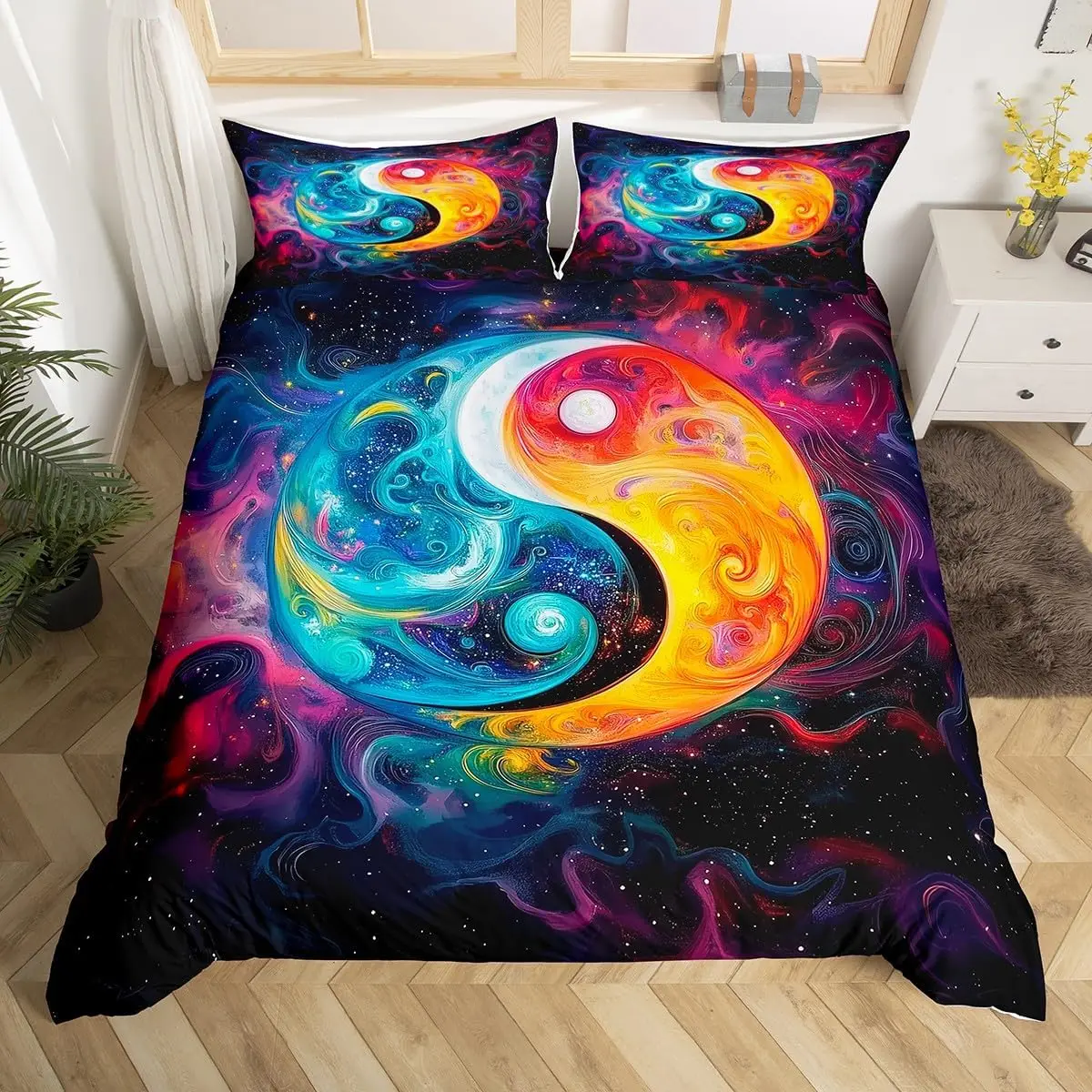 Yin Yang Duvet Cover Twin Queen for Boys Girls,Boho Trippy Psychedelic Art Comforter Cover Gossip Pattern Starry Sky Bedding Set
