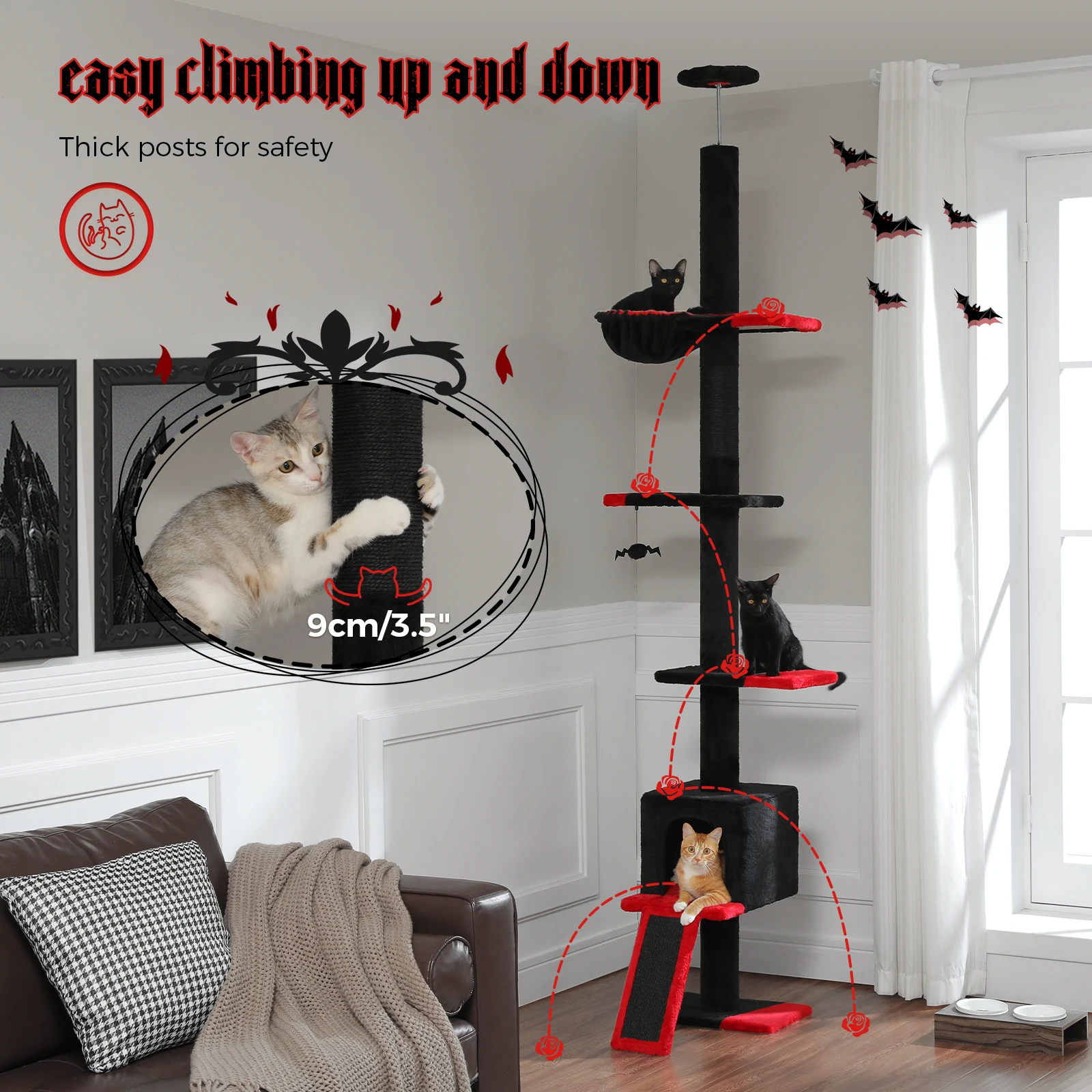 

Gothic Cat Tree Floor to Ceiling, Tall Cat Tower, Adjustable Height (83''-108'') 5 Tiers Cat Climbing Tree for Indoor Cats