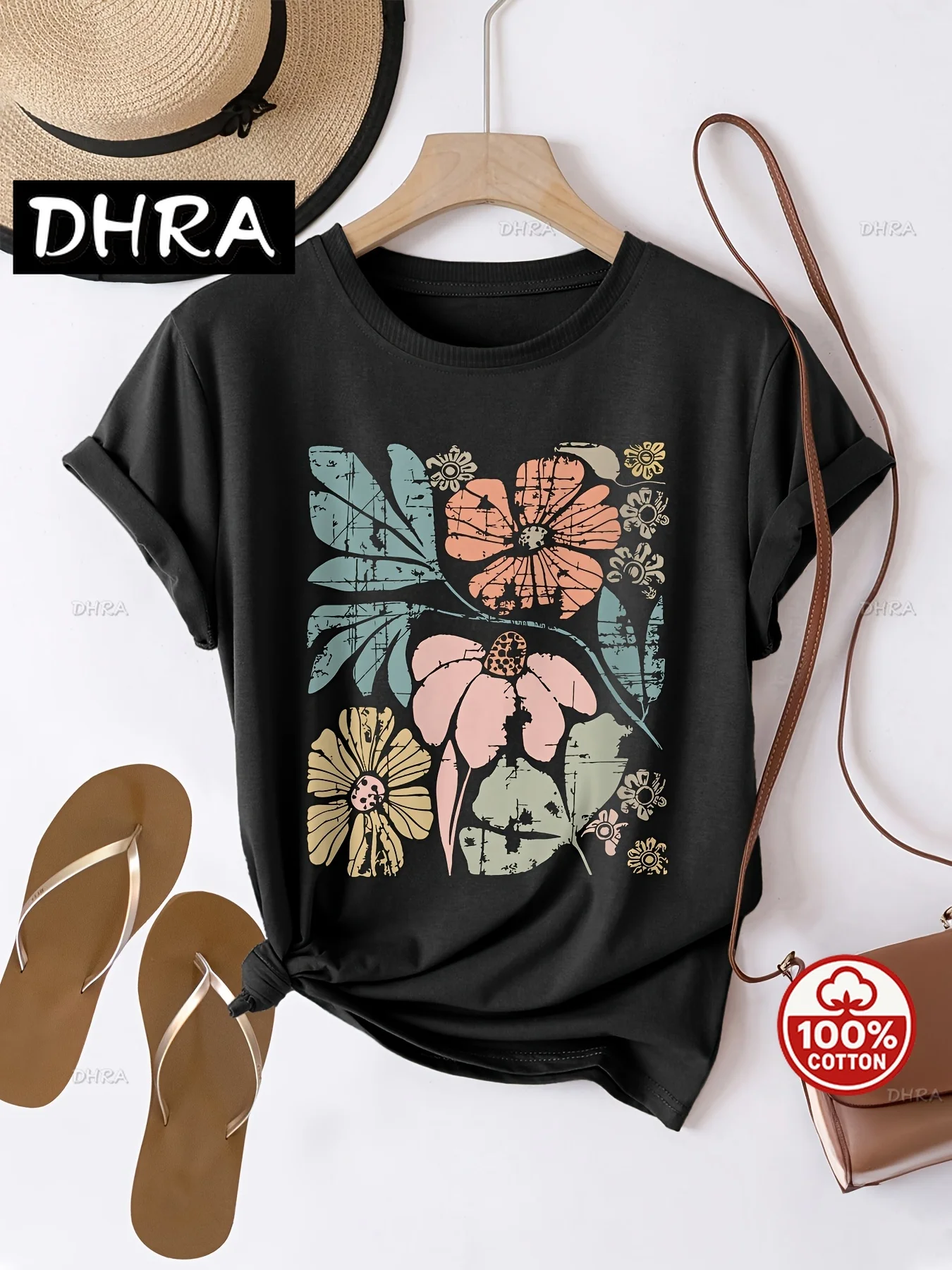 

Летняя женская футболка с цветочным графическим принтом, повседневная футболка с круглым вырезом и короткими рукавами, топ из ткани, обычная всесезонная модная одежда