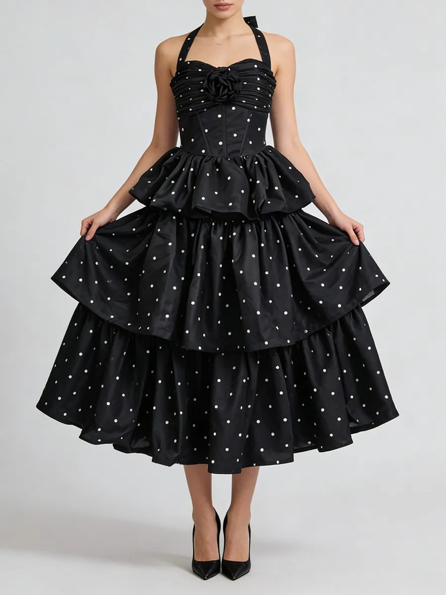 TWOTWINSTYLE Elegant Spliced 3D Flower Wave Point Long Dresses for Women Halter Sleeveless Tunic Patchwork Ruffles Dress Female