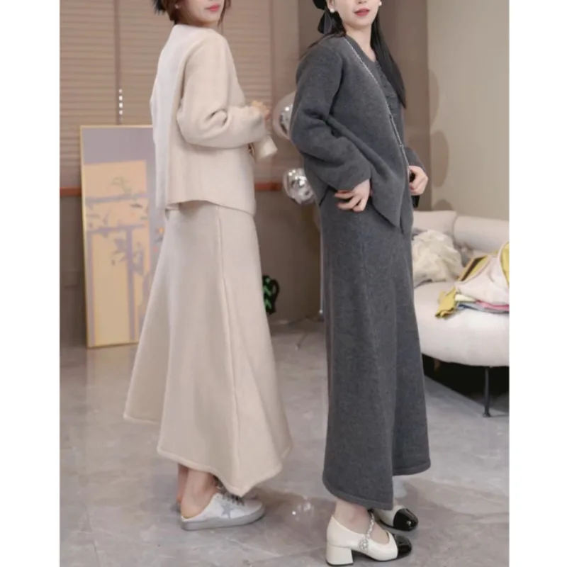 2024 Autumn and Winter New Buckle Solid Color Knitted Cardigan Half Skirt Two-piece Long Set