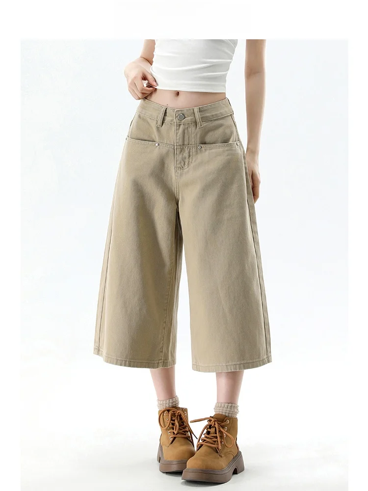 Shorts Jeans Khaki Feminino de Cintura Alta e Perna Larga Estilo Americano, Novo, Solto, Efeito Emagrecedor, Verão, Forever 21, Casual, Algodão