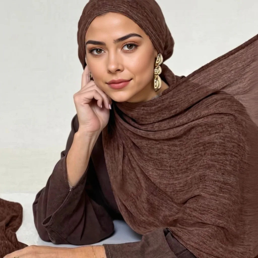 

Модный хлопково-льняной шарф с жатым эффектом, хиджаб, ближневосточный платок, популярный однотонный головной убор из Дубая