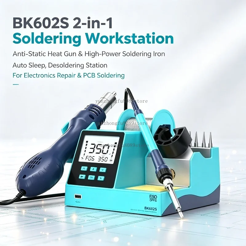 BK602S 2-in-1 Soldering Workstation, Anti-Static Heat Gun & High-Power Soldering Iron, Auto Sleep Desoldering Station for Repair